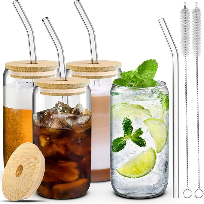 4 Set Glass Cups with Lids and Straws 16 oz, Glasses Drinking Set, Iced Coffee Cup with Bamboo Lids, Drinking Glasses Tumbler with Straw and Lid, Glass Can Coffee Cups, Drinking Glassware, 2 Brushes Visit the Dealusy Store