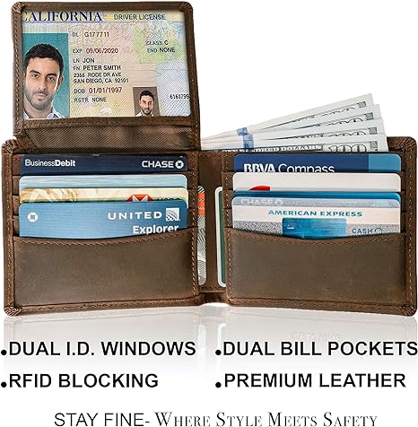 STAY FINE Top Grain Leather Wallet for Men | RFID Blocking | Bifold, Extra Capacity with 2 ID Windows | Ultra Strong Stitching | Slim Billfold with 8 Card Slots | Gift for Him