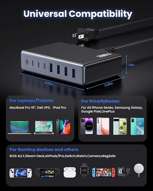 200W USB C Charger Block,GaN III USB Charging Station 8 Ports,QC4.0 Fast Charging Station Hub+PD 65W USB C Laptop Charger Adapter Compatible with MacBook Pro,DELL,iPhone 16/15,iPad,Steam Deck-Black