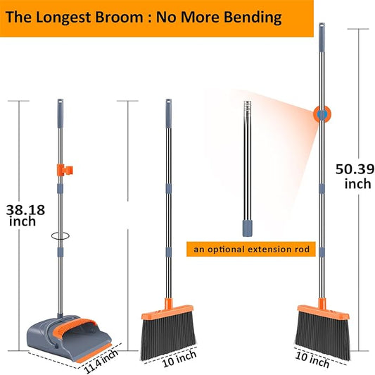 kelamayi Upgrade Broom and Dustpan Set, Self-Cleaning with Dustpan Teeth, Indoor&Outdoor Sweeping, Ideal for Dog Cat Pets Home Use, Stand Up Broom and Dustpan (Gray&Orange)