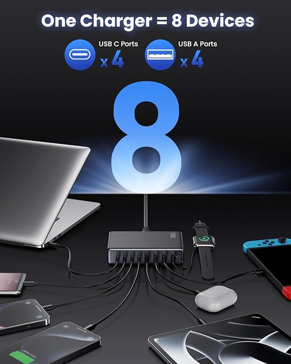 200W USB C Charger Block,GaN III USB Charging Station 8 Ports,QC4.0 Fast Charging Station Hub+PD 65W USB C Laptop Charger Adapter Compatible with MacBook Pro,DELL,iPhone 16/15,iPad,Steam Deck-Black