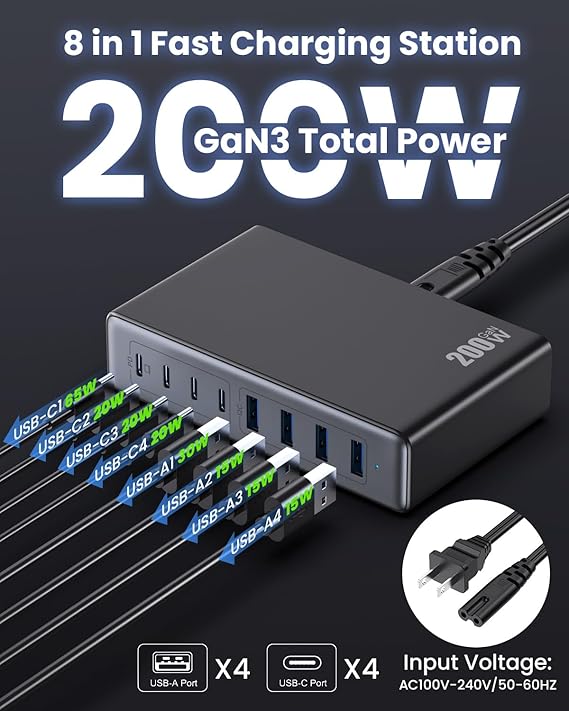 200W USB C Charger Block,GaN III USB Charging Station 8 Ports,QC4.0 Fast Charging Station Hub+PD 65W USB C Laptop Charger Adapter Compatible with MacBook Pro,DELL,iPhone 16/15,iPad,Steam Deck-Black