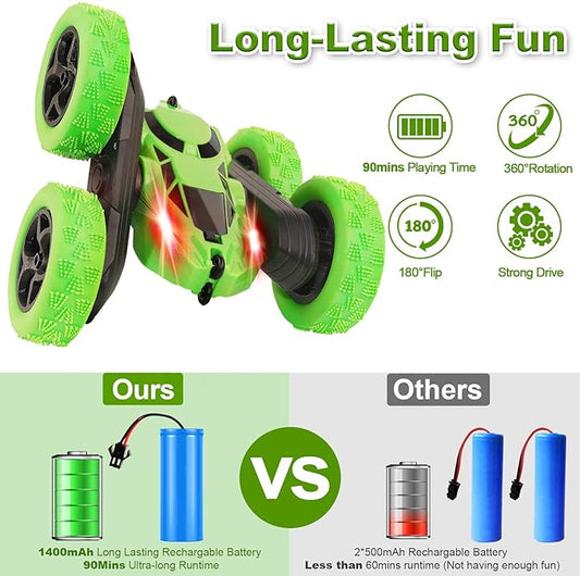 Remote Control Car Stunt RC Cars, 90 Min Playtime, 2.4Ghz Double Sided 360° Rotating RC Crawler with Headlights, 4WD Off Road Drift RC Race Car Toy for Boys and Girls Aged 6-12 Green