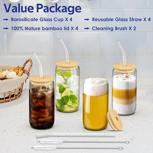 4 Set Glass Cups with Lids and Straws 16 oz, Glasses Drinking Set, Iced Coffee Cup with Bamboo Lids, Drinking Glasses Tumbler with Straw and Lid, Glass Can Coffee Cups, Drinking Glassware, 2 Brushes Visit the Dealusy Store