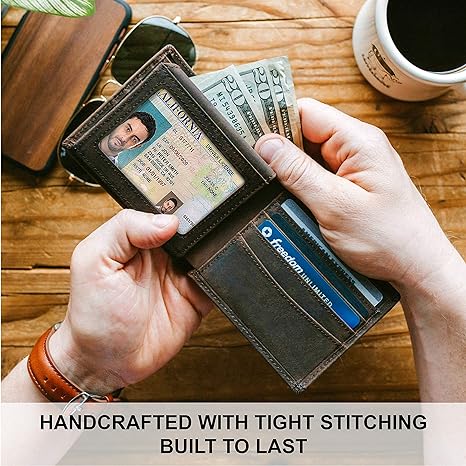 STAY FINE Top Grain Leather Wallet for Men | RFID Blocking | Bifold, Extra Capacity with 2 ID Windows | Ultra Strong Stitching | Slim Billfold with 8 Card Slots | Gift for Him